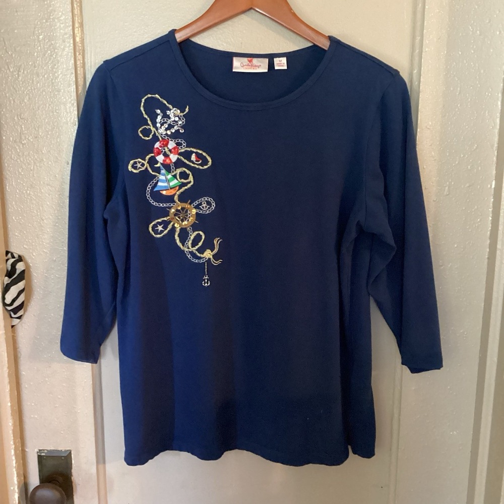 Nautical Sequin Embroidered Women's M 100% Cotton Navy Blouse Yacht Resort Wear